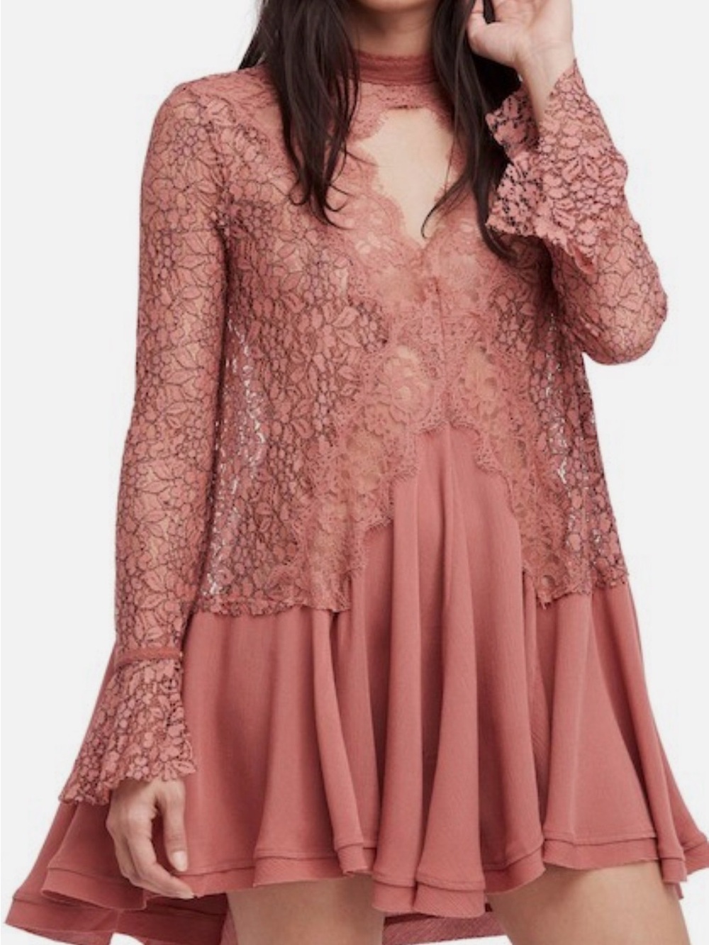 NWT Free People Tell Tale Lace Long Sleeve High Neck Rosy Coral Tunic Dress XS
